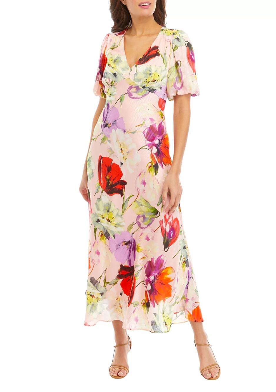Taylor Puff Sleeve Pink Satin Chiffon V-Neck Floral Print Midi Dress Size 2